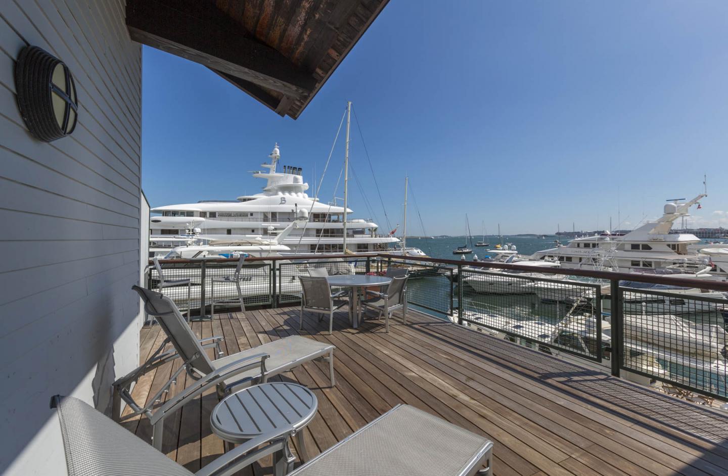 Inn's patio with a yacht