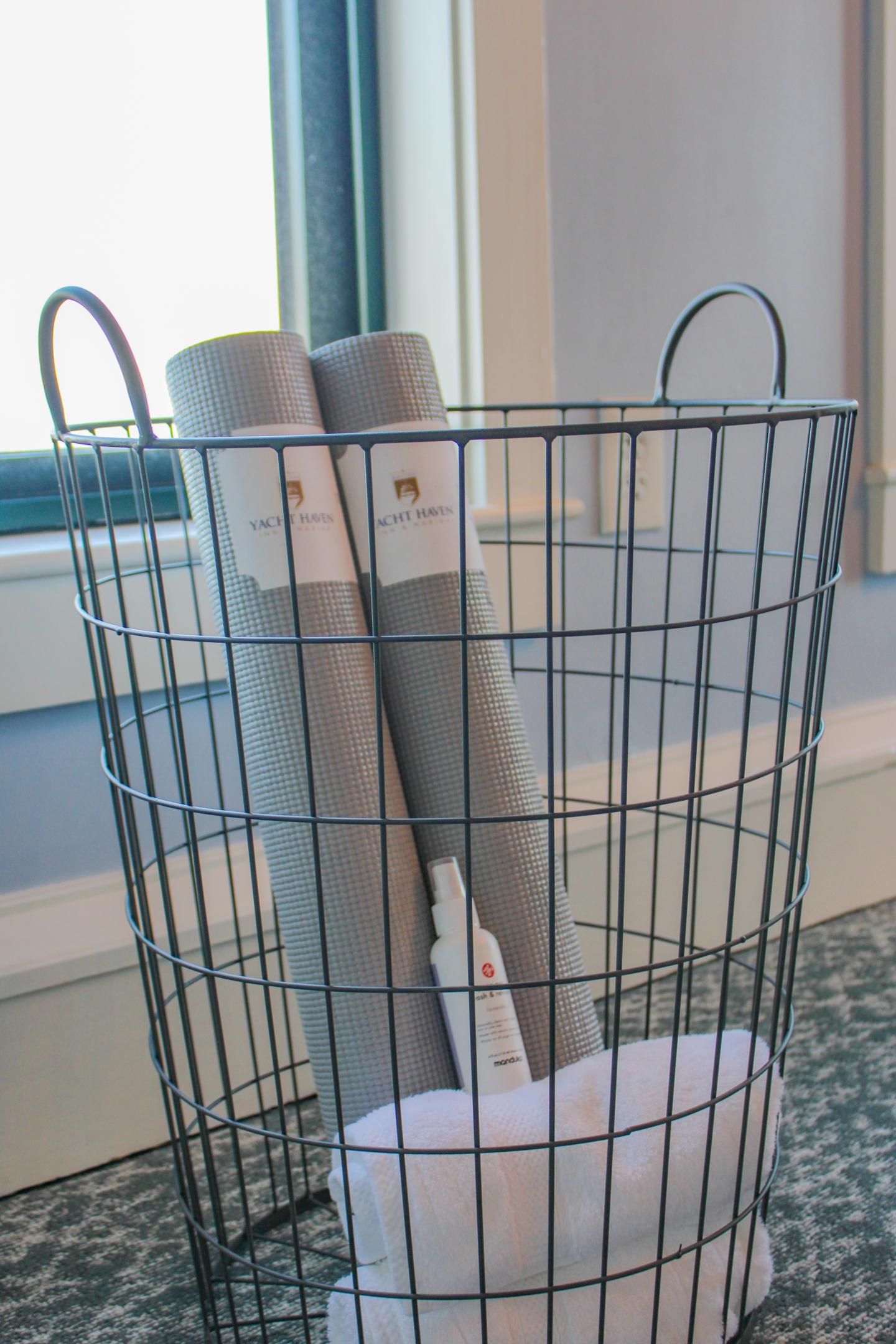 Yoga mats and accessories in each guest room at Boston Yacht Haven